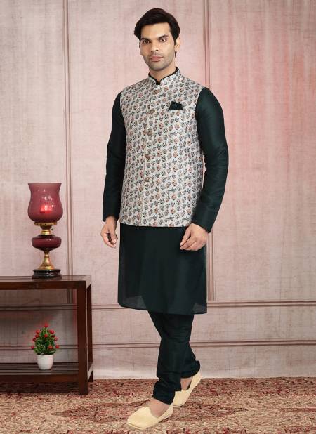 Off White Festive Wear Jacquard Banarasi Silk Digital Print Kurta Pajama With Jacket Mens Collection 1213
